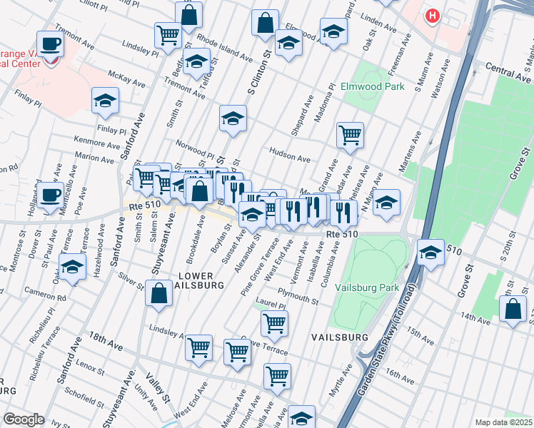 map of restaurants, bars, coffee shops, grocery stores, and more near 81 Hillcrest Terrace in East Orange
