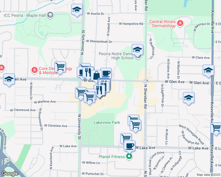map of restaurants, bars, coffee shops, grocery stores, and more near 1100 W Glen Ave in Peoria