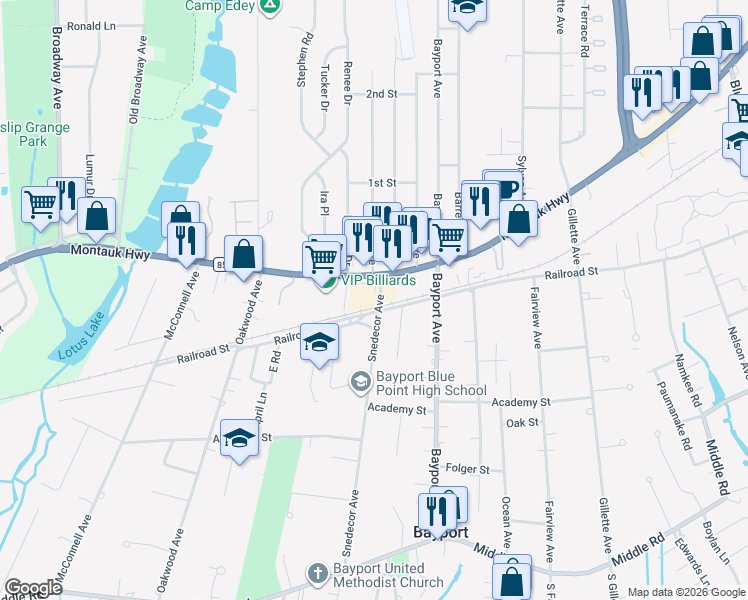map of restaurants, bars, coffee shops, grocery stores, and more near 282 Snedecor Avenue in Bayport