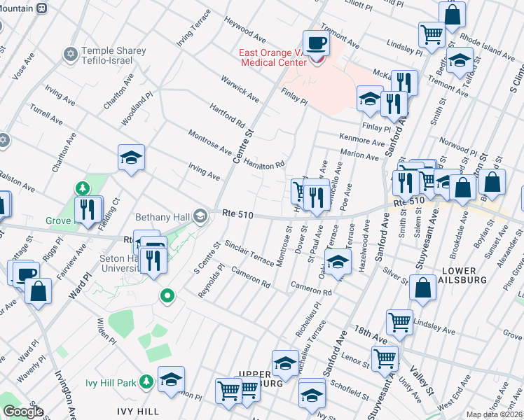 map of restaurants, bars, coffee shops, grocery stores, and more near 14 Kingman Road in South Orange