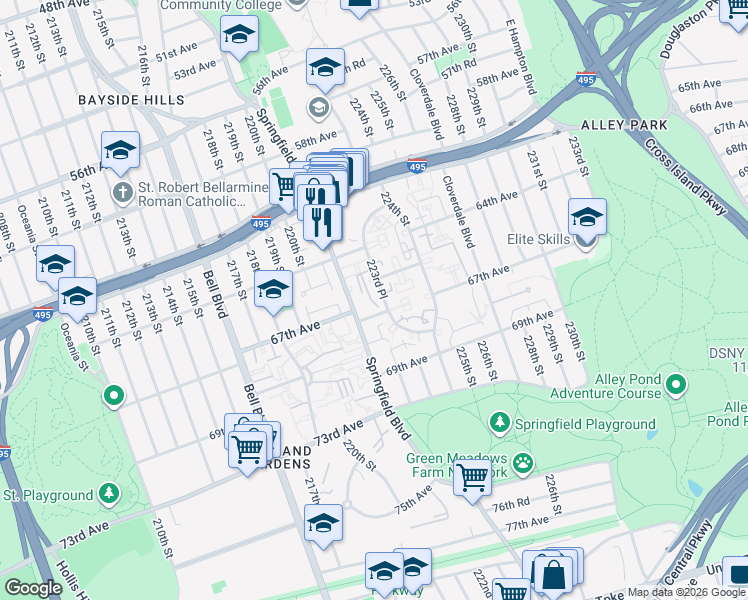 map of restaurants, bars, coffee shops, grocery stores, and more near 6524 223rd Place in Queens