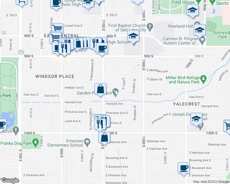 map of restaurants, bars, coffee shops, grocery stores, and more near 1151 Yale Avenue South in Salt Lake City