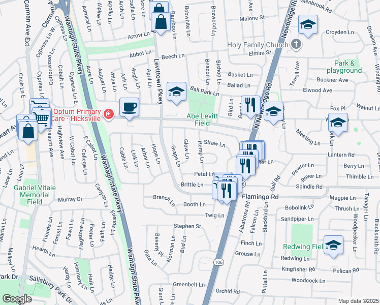 map of restaurants, bars, coffee shops, grocery stores, and more near 27 Glow Lane in Hicksville