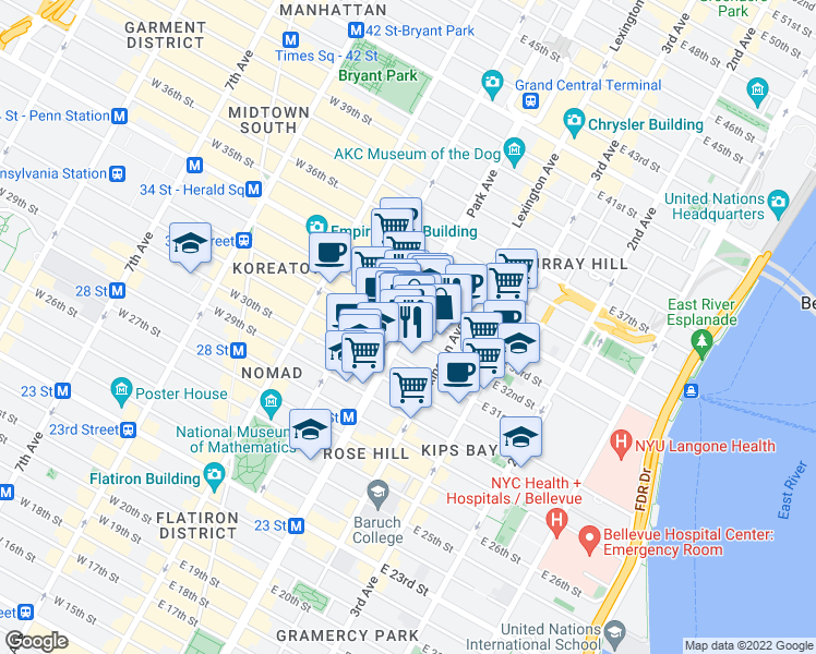 map of restaurants, bars, coffee shops, grocery stores, and more near 116 Park Avenue in New York