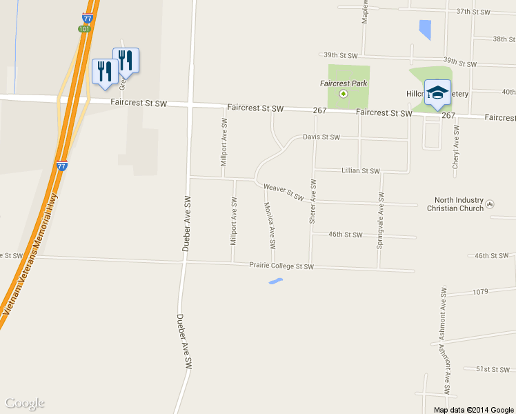 map of restaurants, bars, coffee shops, grocery stores, and more near 4511 Monica Avenue Southwest in Canton