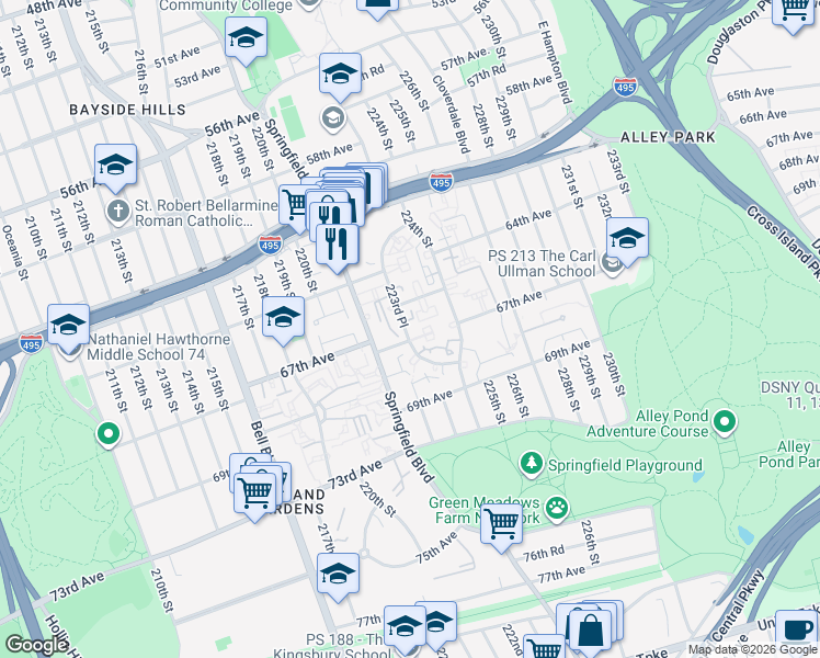map of restaurants, bars, coffee shops, grocery stores, and more near 65-41 223rd Place in Queens