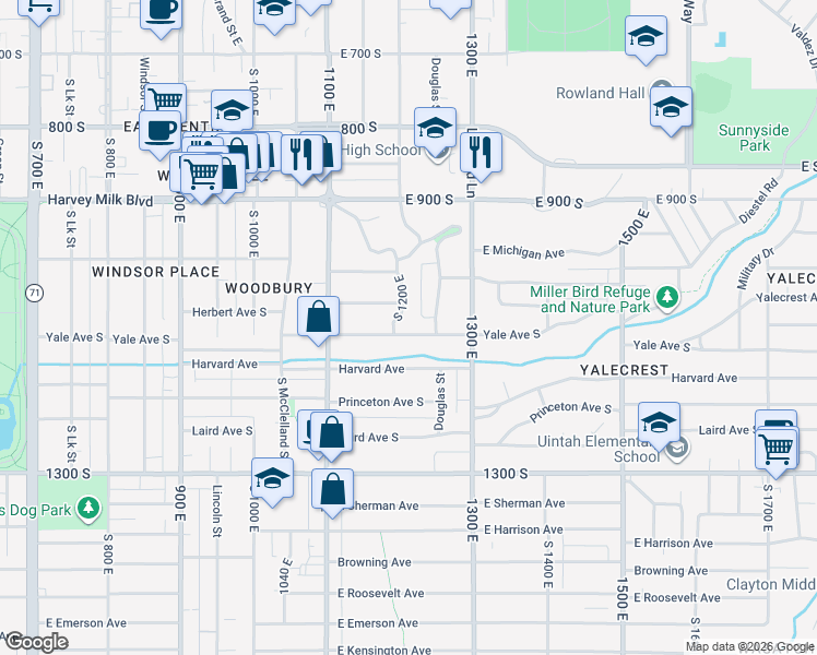 map of restaurants, bars, coffee shops, grocery stores, and more near 1205 Yale Avenue South in Salt Lake City