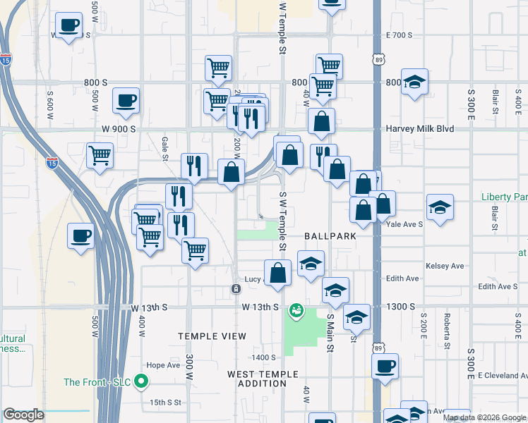map of restaurants, bars, coffee shops, grocery stores, and more near 1062 Jefferson Street West in Salt Lake City
