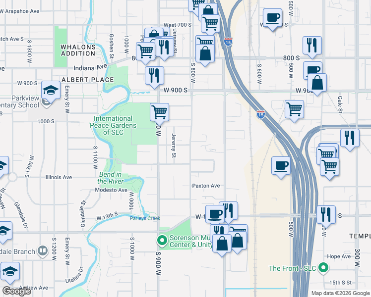 map of restaurants, bars, coffee shops, grocery stores, and more near 1057 Jeremy Street in Salt Lake City