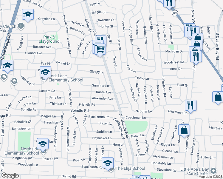 map of restaurants, bars, coffee shops, grocery stores, and more near 19 Dante Avenue in Hicksville