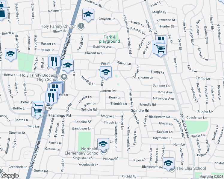 map of restaurants, bars, coffee shops, grocery stores, and more near 40 Lantern Road in Hicksville