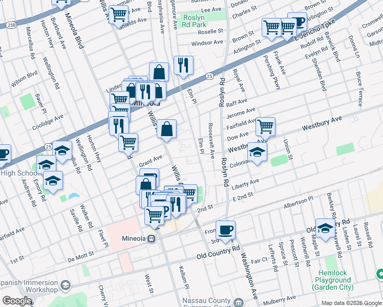 map of restaurants, bars, coffee shops, grocery stores, and more near 120 Clinton Avenue in Mineola