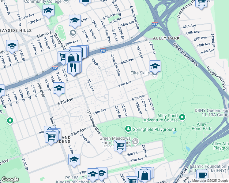 map of restaurants, bars, coffee shops, grocery stores, and more near 224-18 67th Avenue in Queens