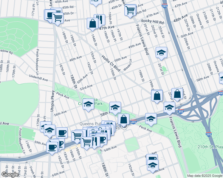 map of restaurants, bars, coffee shops, grocery stores, and more near 53-44 195th Street in Queens
