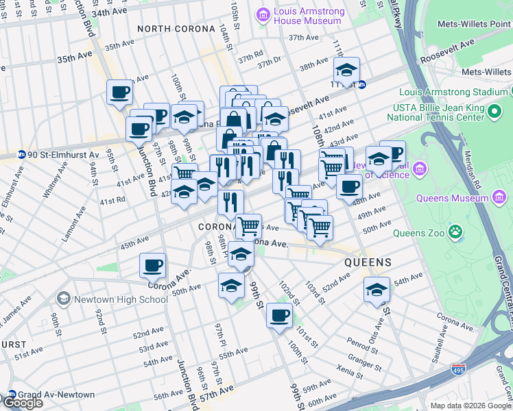 map of restaurants, bars, coffee shops, grocery stores, and more near 102-17 46th Avenue in Queens
