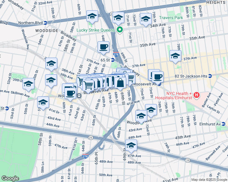 map of restaurants, bars, coffee shops, grocery stores, and more near 6527 Roosevelt Avenue in Queens