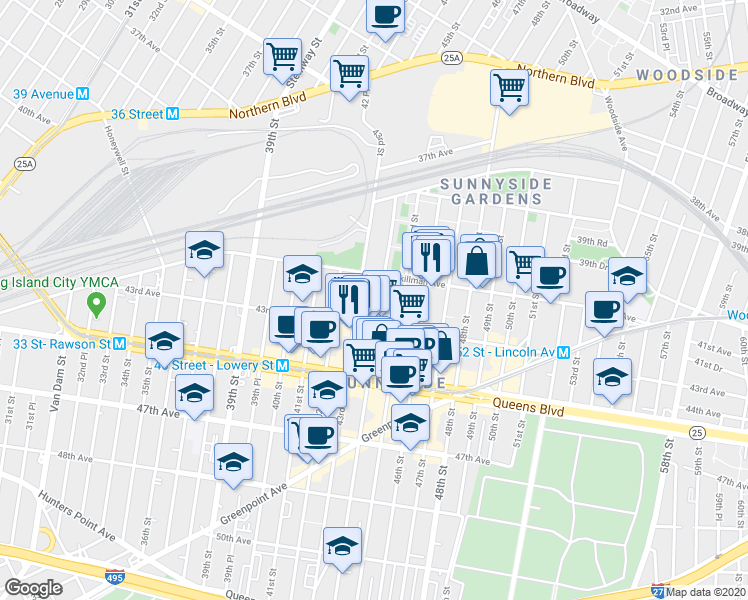 map of restaurants, bars, coffee shops, grocery stores, and more near 41-26 44th Street in Queens