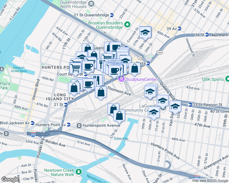 map of restaurants, bars, coffee shops, grocery stores, and more near in Queens