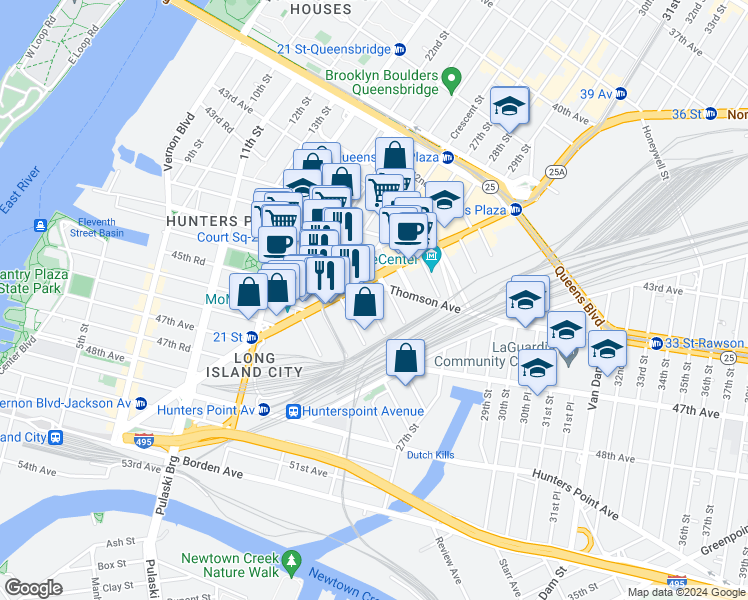 map of restaurants, bars, coffee shops, grocery stores, and more near in Queens