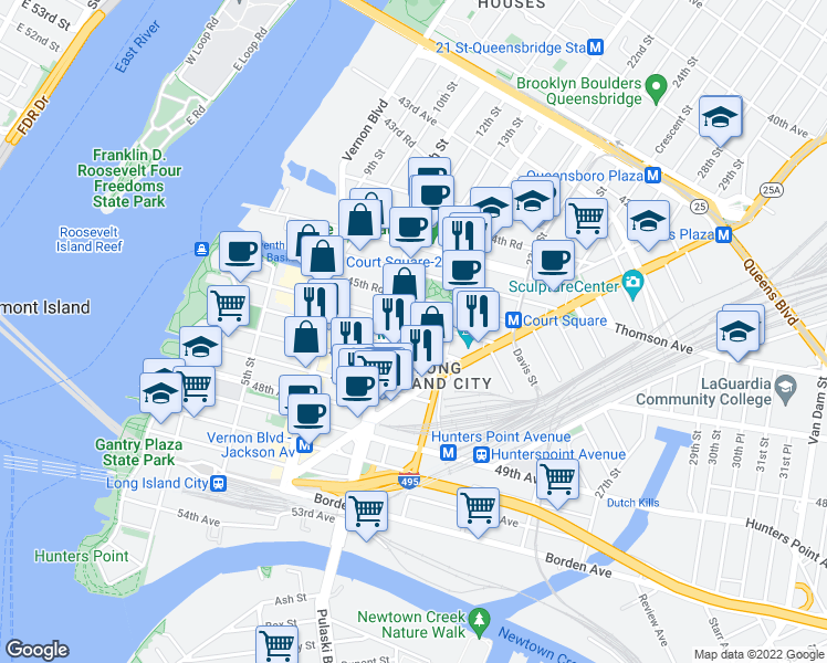 map of restaurants, bars, coffee shops, grocery stores, and more near 11-15 46th Road in Queens