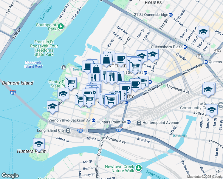 map of restaurants, bars, coffee shops, grocery stores, and more near 10-37 46th Road in Queens