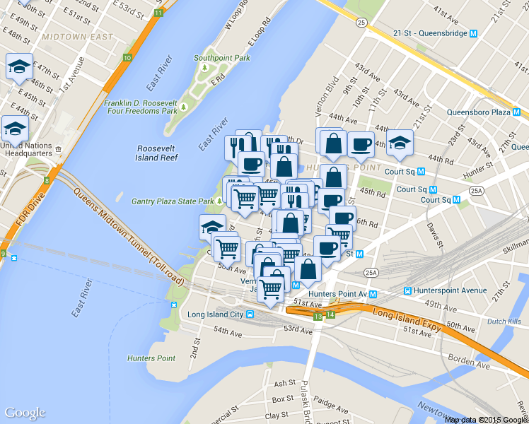 map of restaurants, bars, coffee shops, grocery stores, and more near 1-59 47th Avenue in Queens