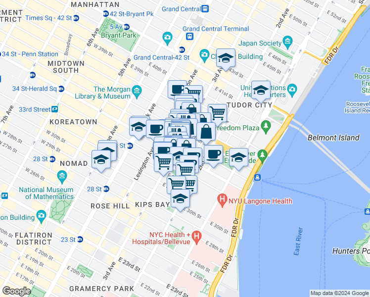 map of restaurants, bars, coffee shops, grocery stores, and more near 214 East 35th Street in New York