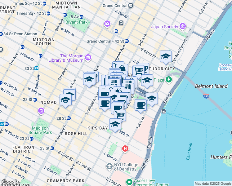 map of restaurants, bars, coffee shops, grocery stores, and more near 214 East 35th Street in New York