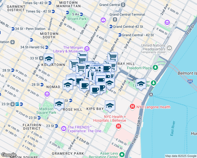map of restaurants, bars, coffee shops, grocery stores, and more near in New York