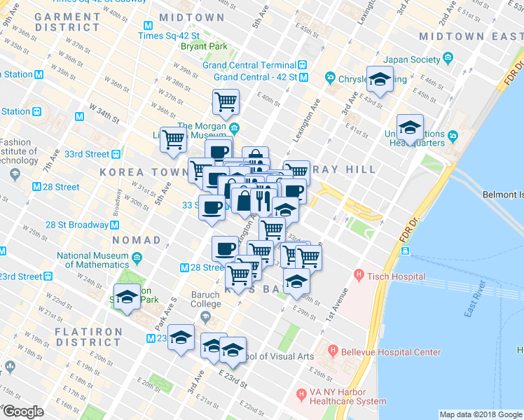 map of restaurants, bars, coffee shops, grocery stores, and more near 225 Lexington Avenue in New York