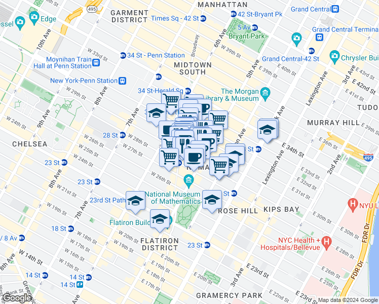 map of restaurants, bars, coffee shops, grocery stores, and more near 16 West 29th Street in New York