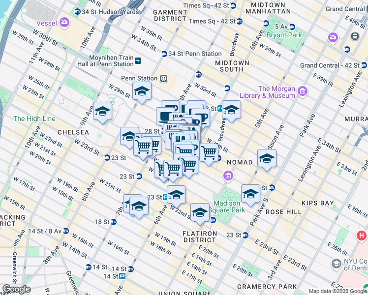 map of restaurants, bars, coffee shops, grocery stores, and more near 121 West 27th Street in New York