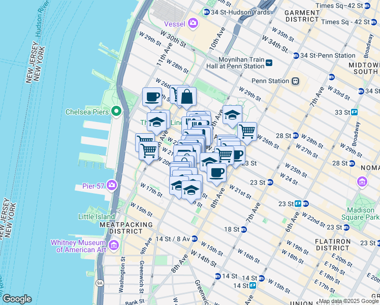 map of restaurants, bars, coffee shops, grocery stores, and more near 414 West 22nd Street in New York