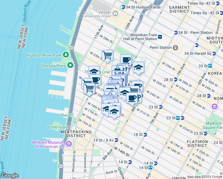 map of restaurants, bars, coffee shops, grocery stores, and more near 414 West 22nd Street in New York