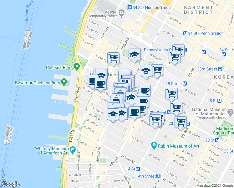 map of restaurants, bars, coffee shops, grocery stores, and more near 414 West 22nd Street in New York