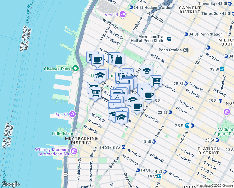map of restaurants, bars, coffee shops, grocery stores, and more near 414 West 22nd Street in New York