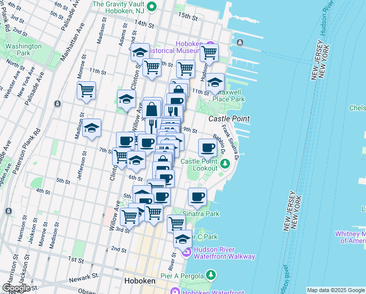 map of restaurants, bars, coffee shops, grocery stores, and more near 799 Washington Street in Hoboken