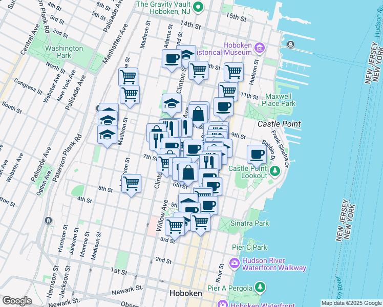 map of restaurants, bars, coffee shops, grocery stores, and more near 727 Park Avenue in Hoboken