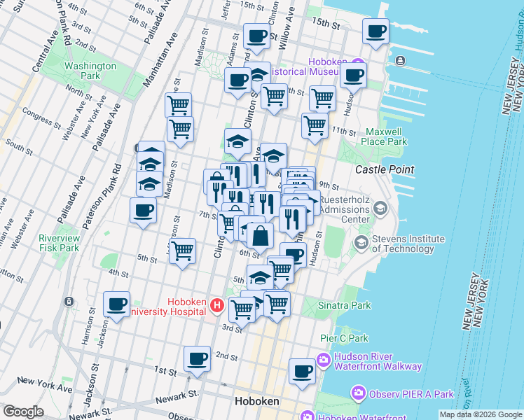 map of restaurants, bars, coffee shops, grocery stores, and more near 727 Park Avenue in Hoboken