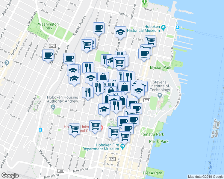 map of restaurants, bars, coffee shops, grocery stores, and more near 712 Willow Avenue in Hoboken