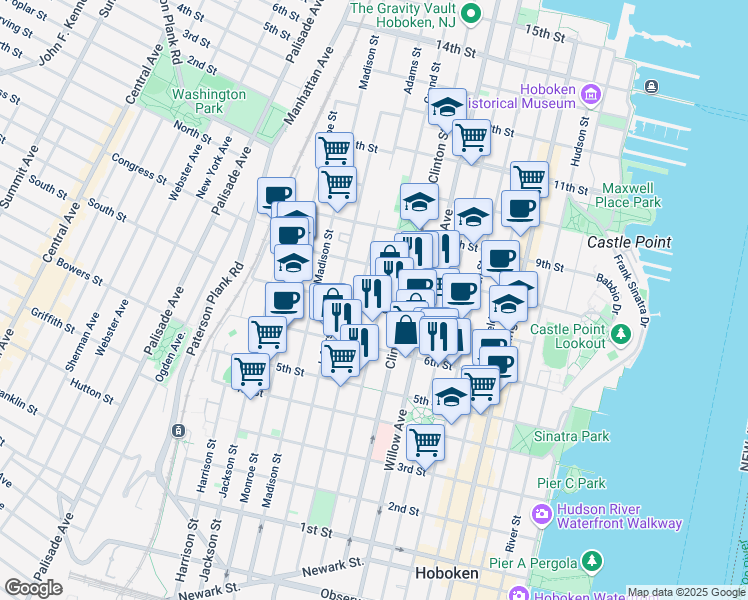 map of restaurants, bars, coffee shops, grocery stores, and more near 701 Grand Street in Hoboken