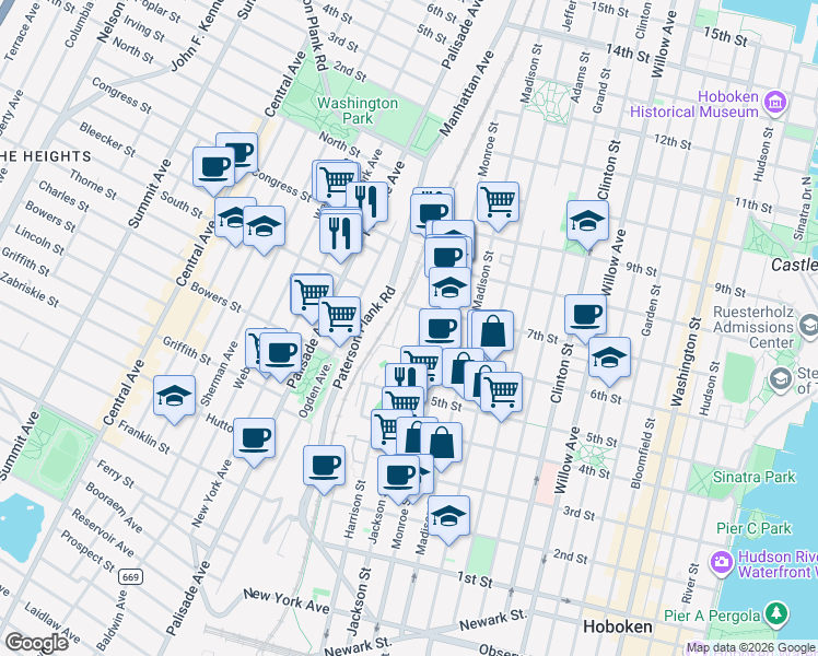 map of restaurants, bars, coffee shops, grocery stores, and more near 601 Harrison Street in Hoboken