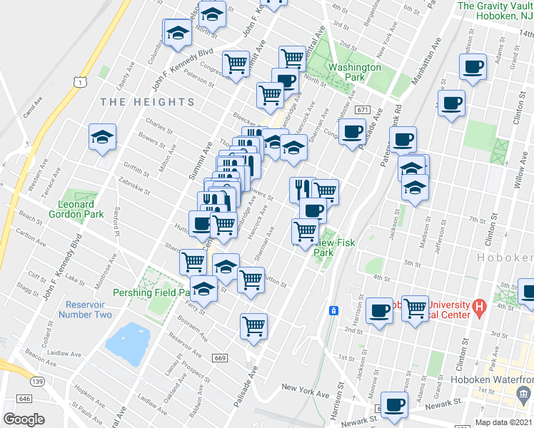 map of restaurants, bars, coffee shops, grocery stores, and more near 95 Hancock Avenue in Jersey City
