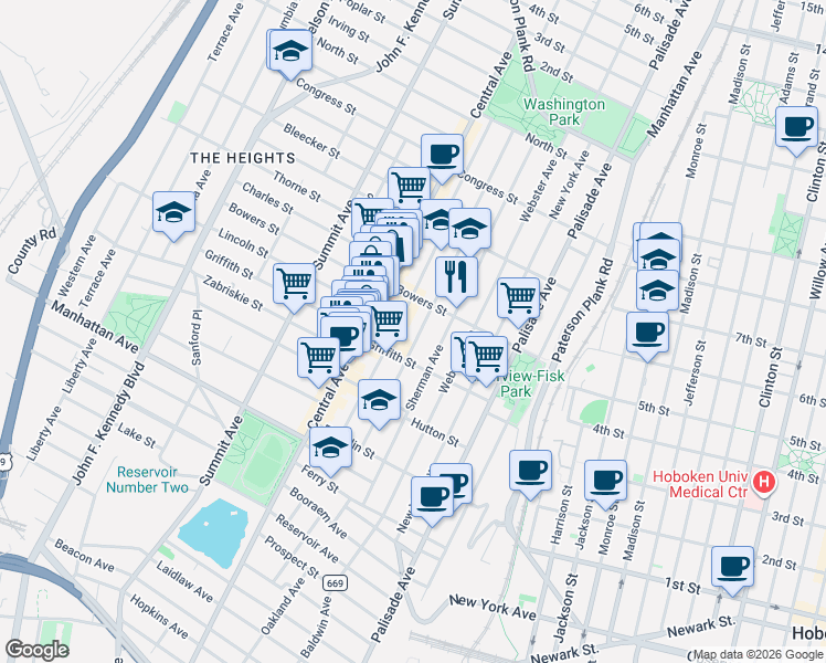 map of restaurants, bars, coffee shops, grocery stores, and more near 95 Hancock Avenue in Jersey City