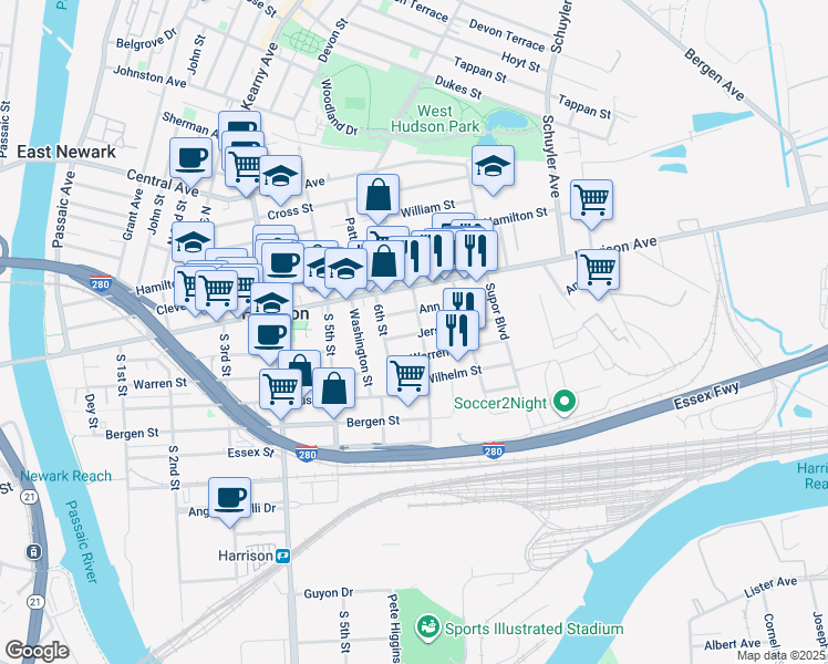 map of restaurants, bars, coffee shops, grocery stores, and more near 620 Jersey Street in Harrison
