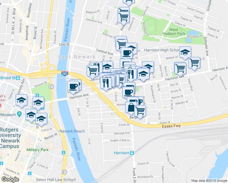 map of restaurants, bars, coffee shops, grocery stores, and more near 239 Harrison Avenue in Harrison