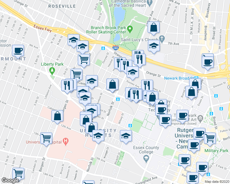map of restaurants, bars, coffee shops, grocery stores, and more near 309-311 Central Avenue in Newark