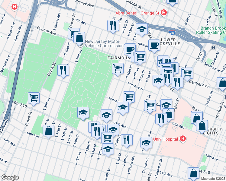 map of restaurants, bars, coffee shops, grocery stores, and more near 243 South 11th Street in Newark