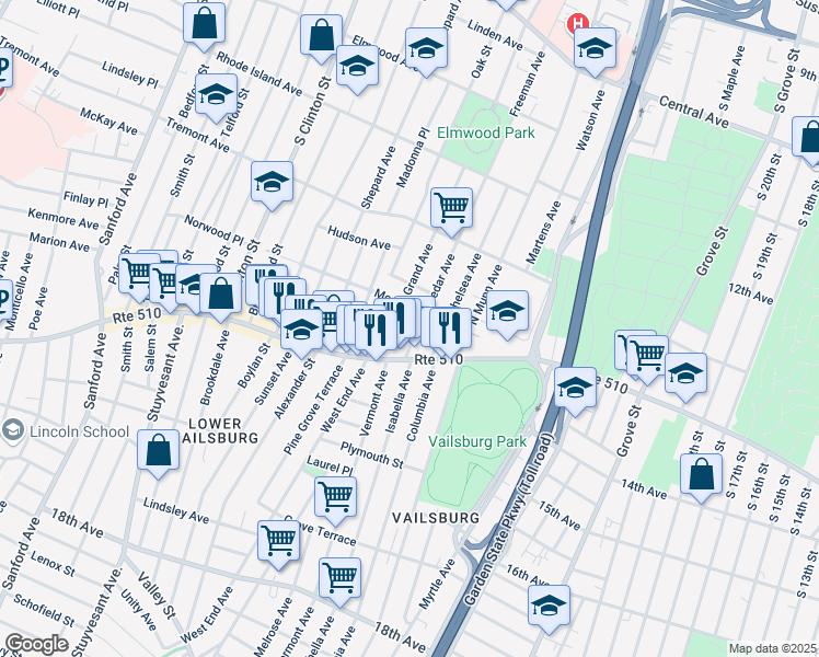 map of restaurants, bars, coffee shops, grocery stores, and more near 21 Cedar Avenue in Newark