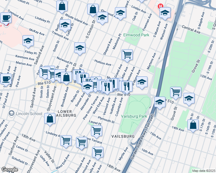 map of restaurants, bars, coffee shops, grocery stores, and more near 78 Arsdale Place in Newark